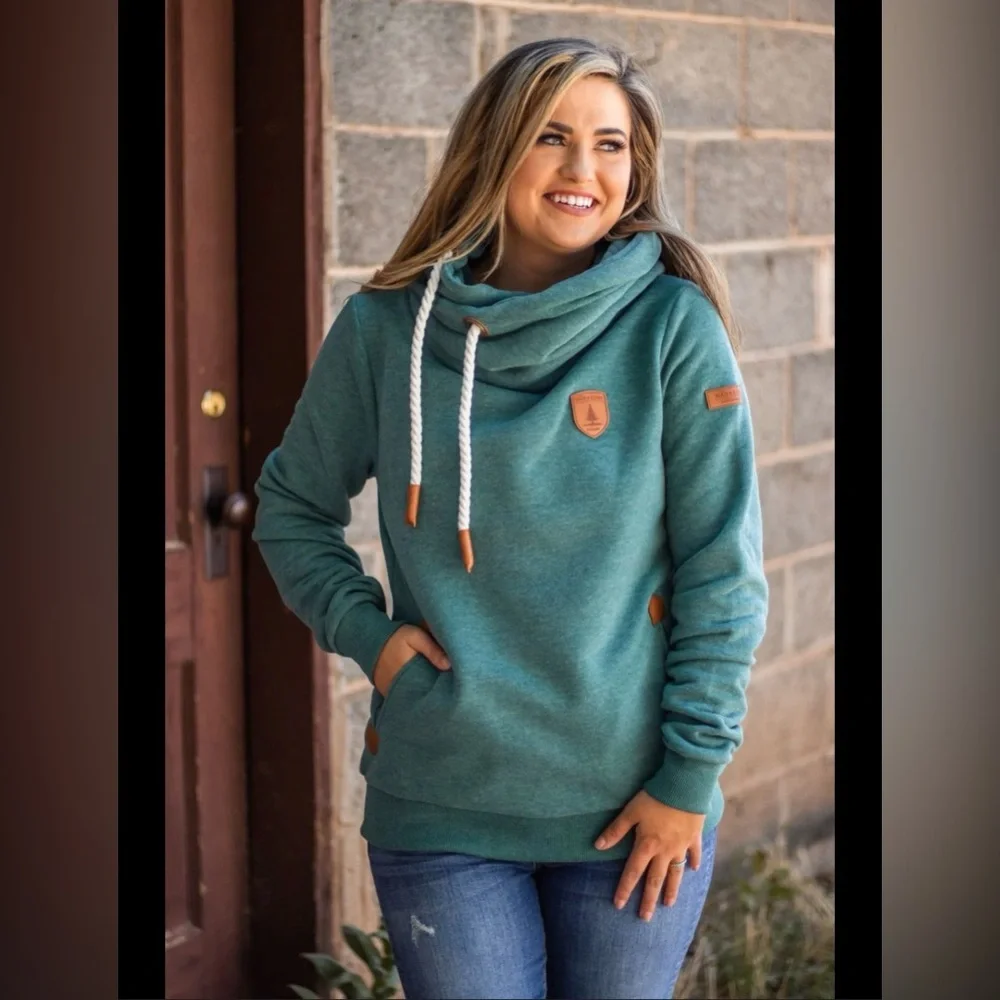 Wanakome Teal Pullover Sweatshirt Cowl Neck Brown Accents Rope Drawstring Pocket - Picture 1 of 8